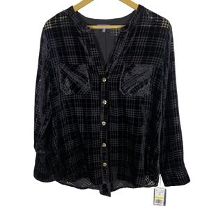 NWT Democracy Black Velvet Houndstooth Burnout Sheer Button Up Shirt M